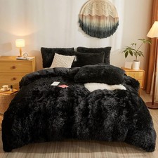 Shaggy Duvet Cover 5 Set, Fluffy Faux Fur Comforter Set Queen Full/Queen Black