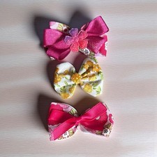 Girls Women Ladies Handmade Hair Bow Clip Pink Yellow Floral Set Of Three 
