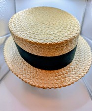 Vintage 20's Straw Boater Hat With Black Ribbon Band Size 6 7/8