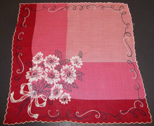 Vintage Ladies Handkerchief Hanky White Embroider Trimmed Bouquet of Daisies