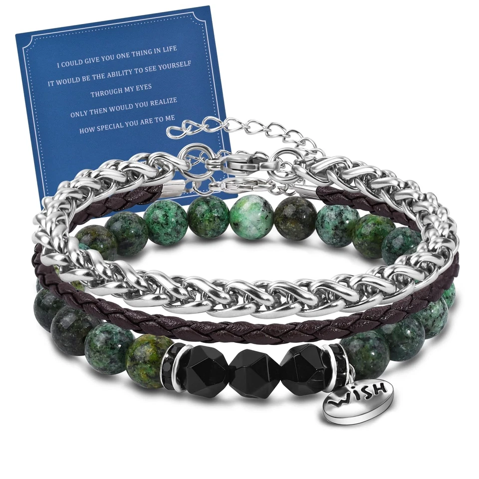 Bracelet pour homme Cadeau Coffret de 3 pièces Cuir Acier Pierres - Photo 1/4