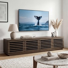 70" Low Profile TV Stand LED Light Up to 75" TVs 4 Flip-Down Door Fluted Walnut