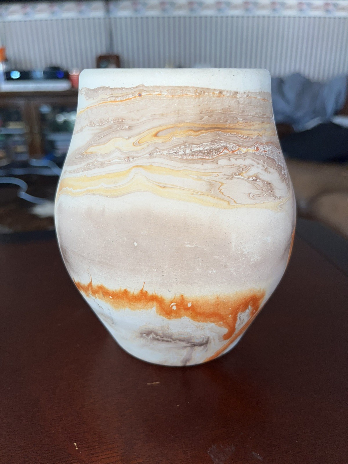 Vintage Nemadji Pottery Vase Orange, Tan, Brown, Swirl Round USA 5” BEAUTIFUL
