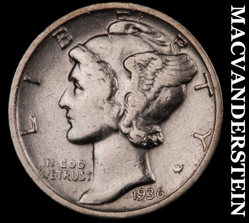 1936 Silver Mercury Dime - Scarce  Very Fine  Better Date  No Reserve  #M557