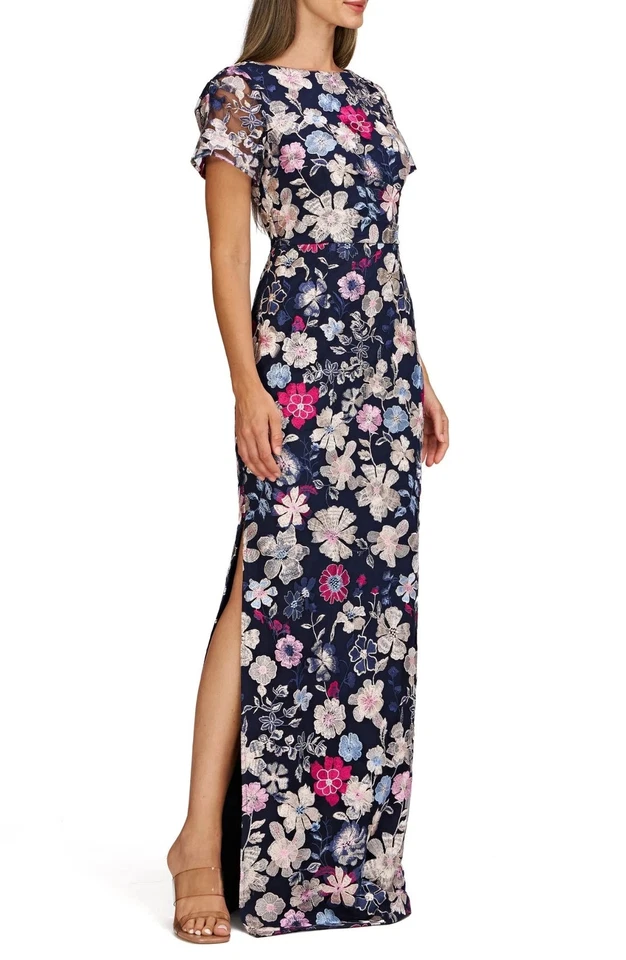 JS Collections Navy Blue Multi Magnolia Floral Embroidery Gown Size 16 $328 - Image 2 of 3