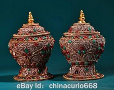 4.8" Old China Filigree Gems Flower Buddhist Relics Tank Jug Jar Pair