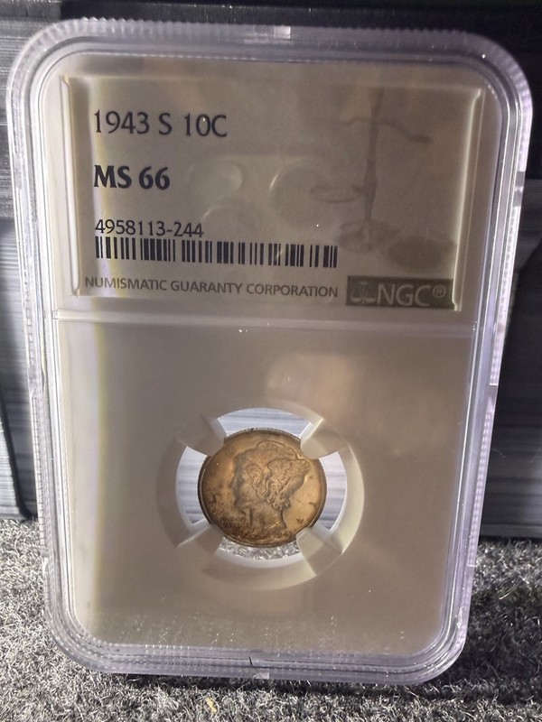 1943 S NGC MS 66 Toner Obverse Reverse Blazer Mercury Dime NGC golden red toner