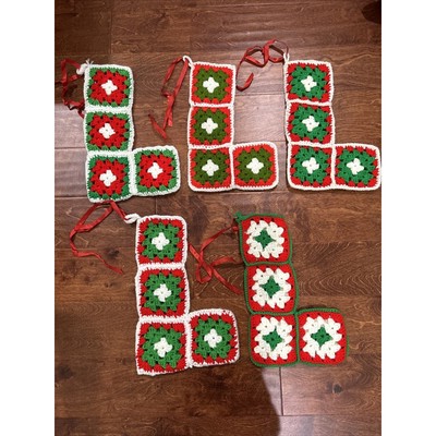 5 Vintage Christmas Stockings Crochet Granny Square Red White Green Handmade