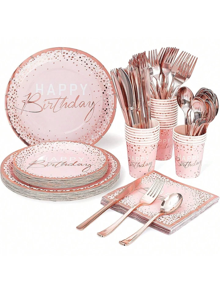 175 PIEZAS Platos y Servilletas Feliz Cumpleaños Suministros de Fiesta Plato de Comedor Desechable Foto 4 de 4