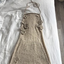 Damen Neckholder Minikleid Gold Glitzer Blume...