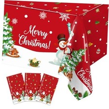 3PCS Christmas Tablecloth Rectangular Plastic Christmas Tablecloth, Winter Red