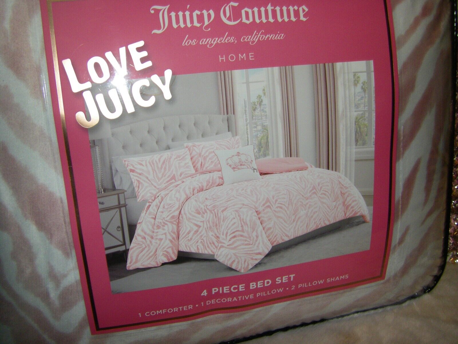 Juicy Couture Pink Zebra Bed Set QUEEN Comforter Pillow Shams Pillow 4  Piece Set