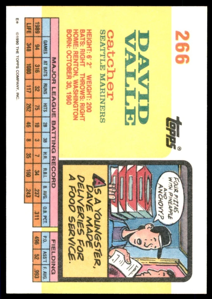 1990 Topps Big Dave Valle Seattle Mariners #266 2087b - Image 2 of 2