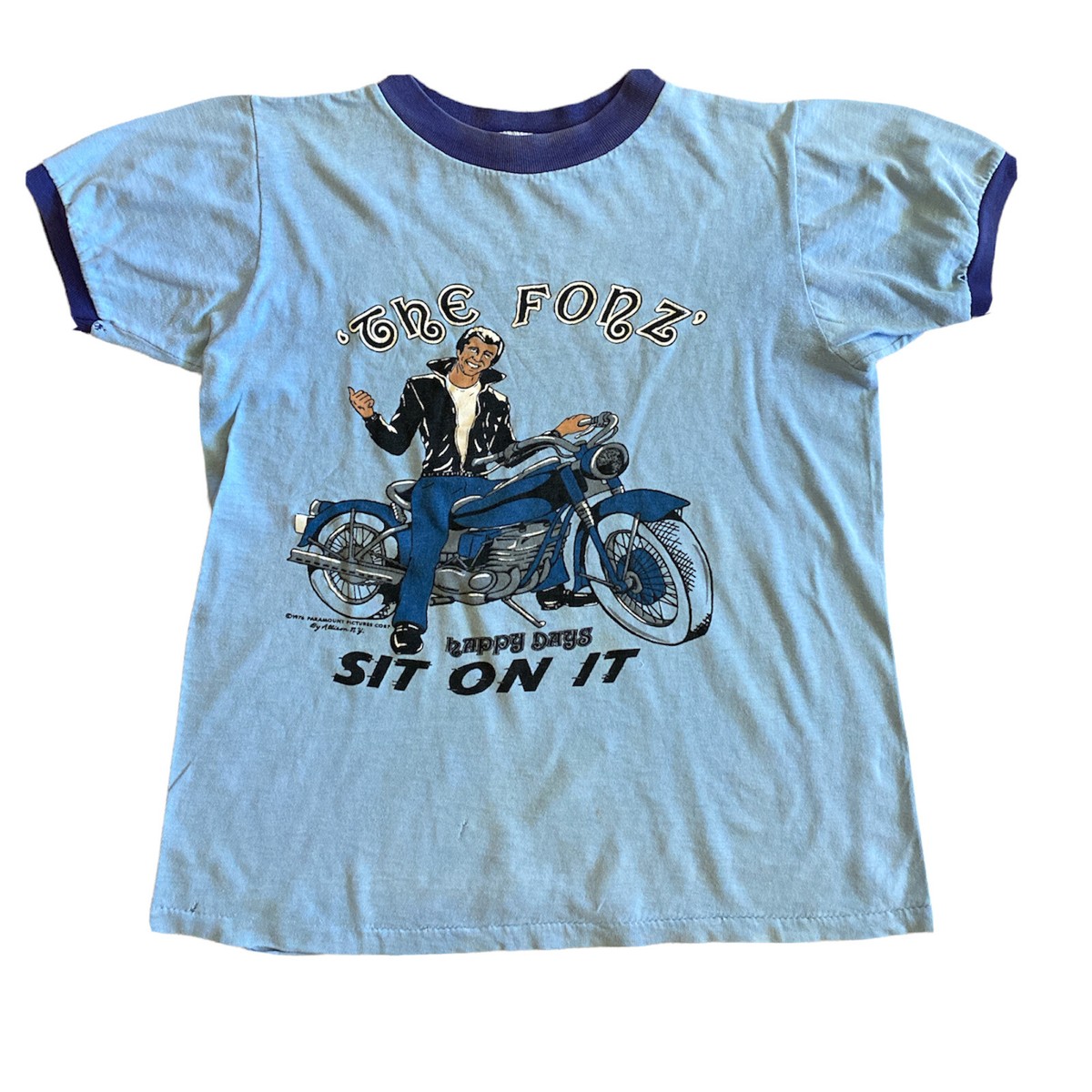 1976 happy days fonzie Tシャツ AAAAAY 青 The Fonz Fonzie Vintage Ringer Tee T-Shirt 1976 Happy Days