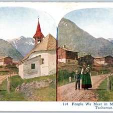 1925 Tschamut, Surselva, Graubunden, Switzerland Swiss Village Stereoview V38