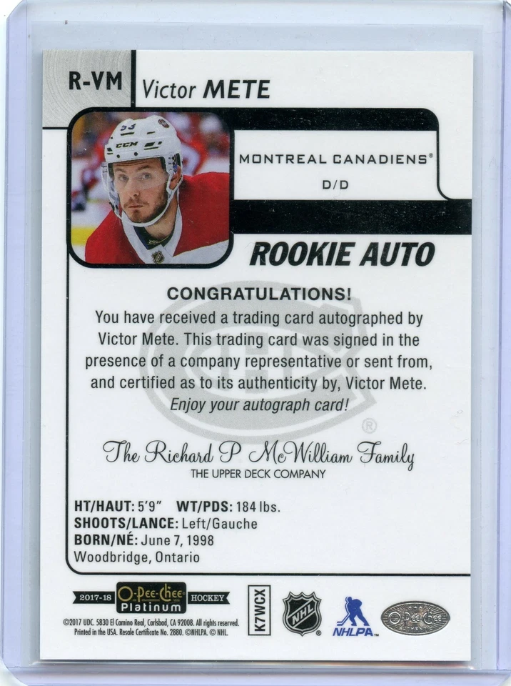  2017-18 O-Pee-Chee Platinum Rookie Autographs #R-VM Victor Mete B - Image 2 of 2
