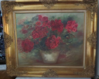 Antique Oil Red Geraniums By M Clark Perkins Signed Gold Gilt Gesso Frame