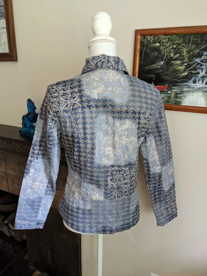 Chaqueta Blazer Analogy Para Mujer Pequeña Azul Tostado Estampado Pata de Gallo Parche Aspecto Cuadrado Foto 4 de 4