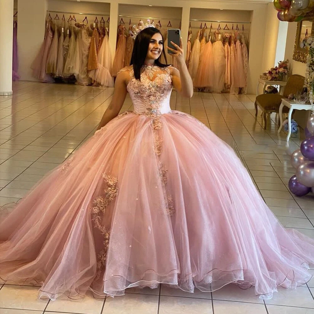 Pink Princess Floral Ball Gown Pink Butterfly Quince Dress 2021 With  Applique Tulle, Scoop Sleeveless Design, Lace Bodice, And Long Prom Dress  For Formal Parties From Verycute, $76.61 | DHgate.Com