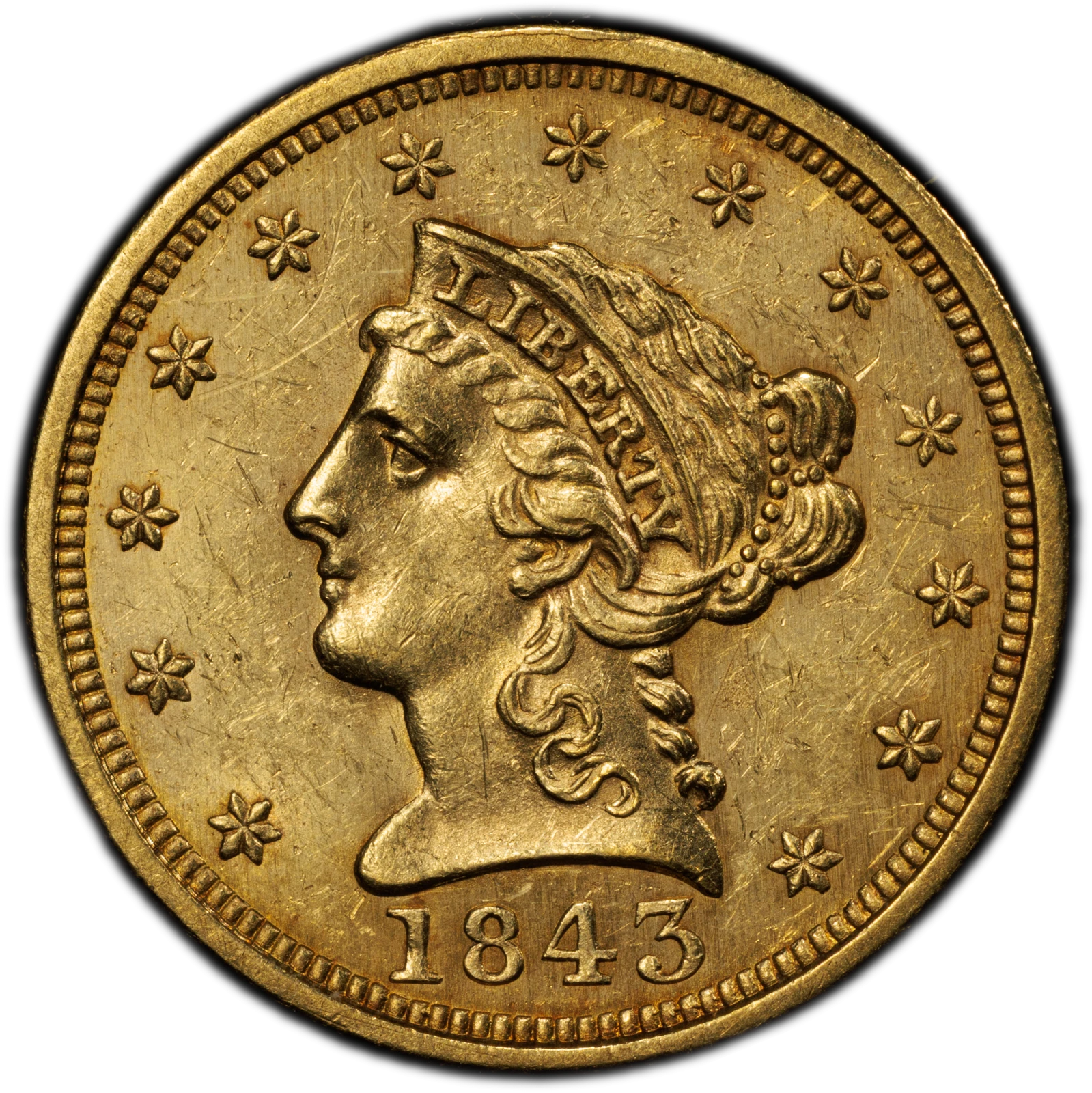 1843 $2.50 Liberty Head Quarter Eagle PCGS MS62
