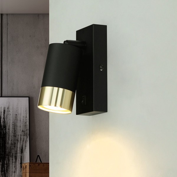 Wandleuchte Mit Schalter Metall GU10 H: 14 Cm Schwenkbar Schwarz Gold Wandlampe-image