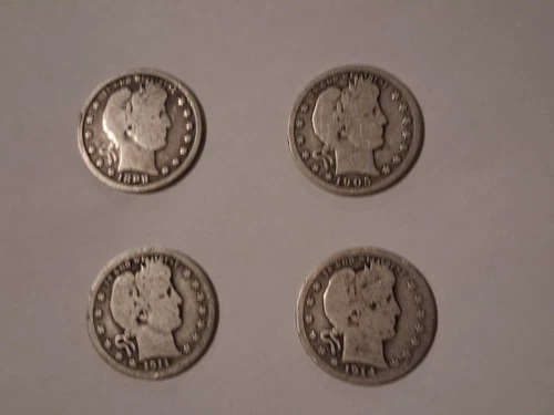 Barber Silver Quarter Lot Of 4 1$ FV Junk 90%