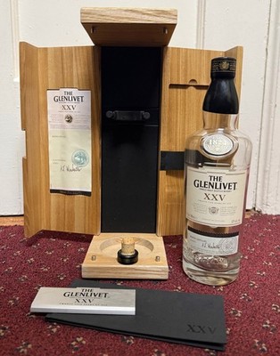 Glenlivet XXV 25 year Scotch Whiskey Bottle & wooden crate BOX. Bowmore Balvenie