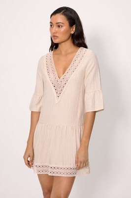 Kaftan Kleid Viskose und Leinen Stoff 86286 Ysabel Mora Farbe Beige Natur