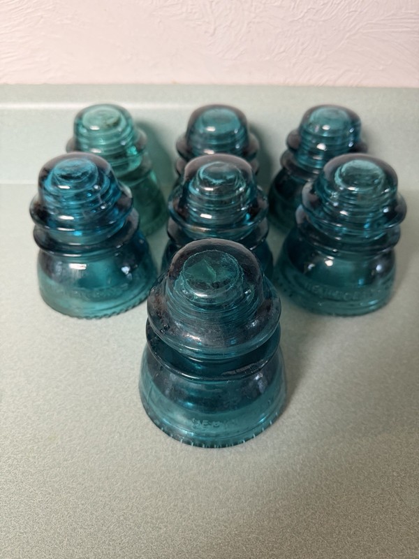 Hemingray 42 Electrical Glass Insulators Vintage Lot of 7, Aqua Blue/Green