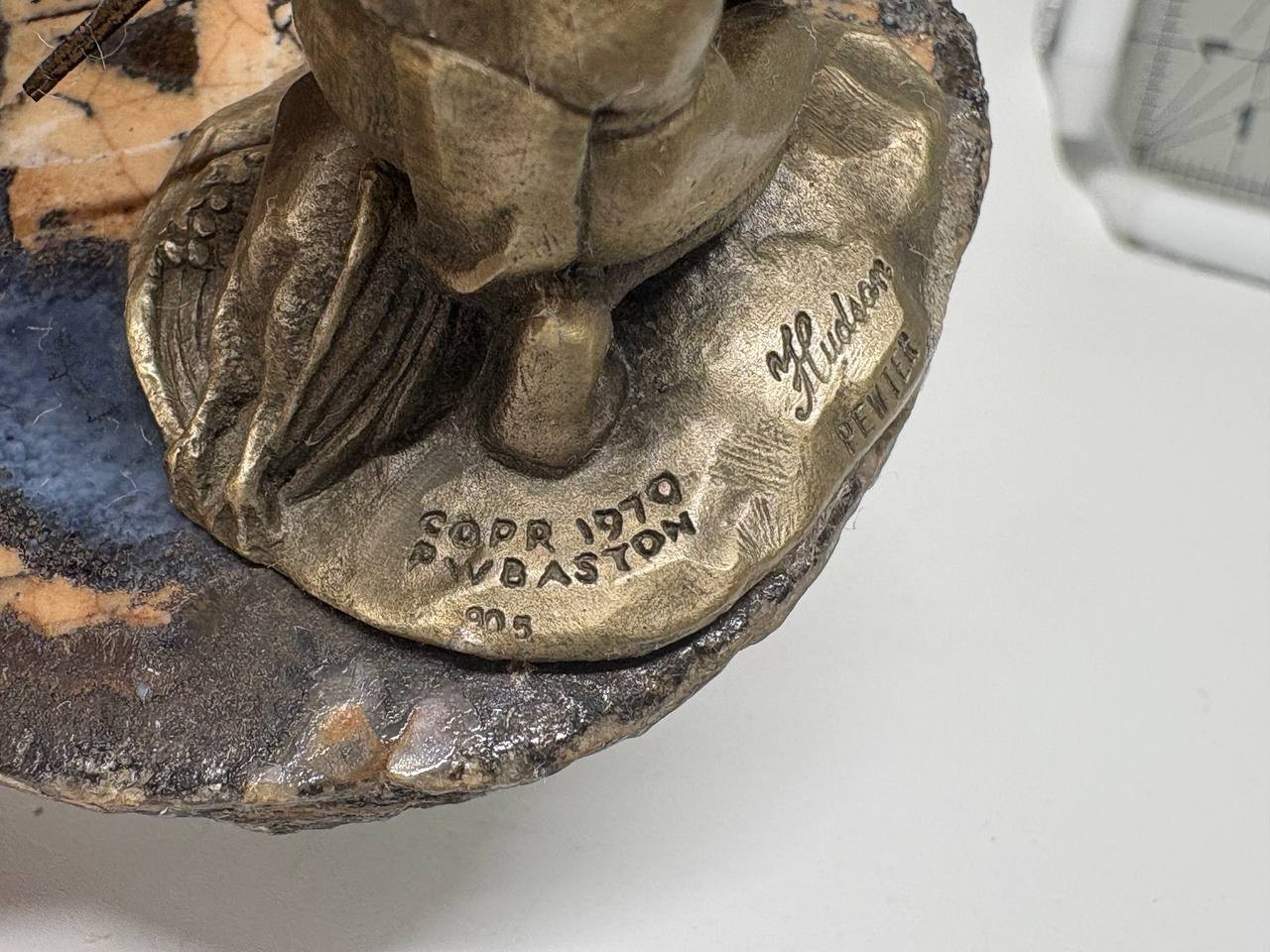 Vintage  1970 Hudson Pewter on Agate Slab Figurine