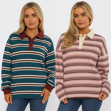 Womens Oversized Striped Long Sleeve Polo Top Ladies Rugby Sweatshirt Casual Tee
