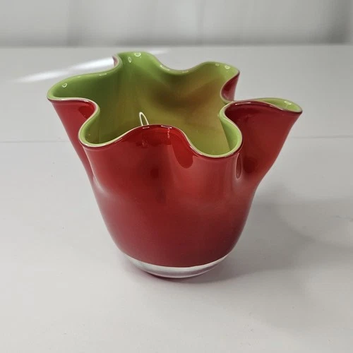 60s Murano Glass Handkerchief Red Green Ruffle Vase MCM Retro Vintage Handblown