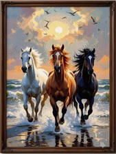 Three Horses Running Ocean Beach Cross Stitch...