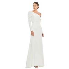 Mac Duggal White Gown One Sleeve Satin Maxi Evening Dress Formal Bridal Wedding