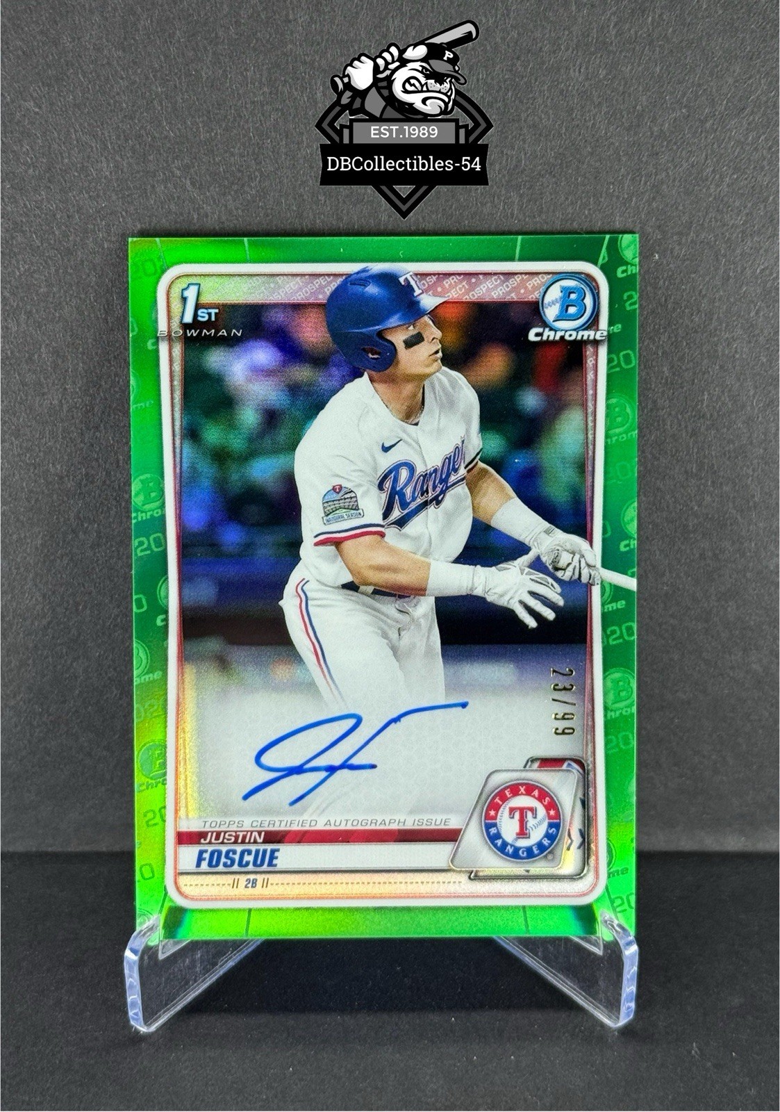 2020 Bowman Draft Justin Foscue 1st Green Auto 23/99 Texas Rangers