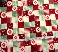 1 yd Cotton Fabric Cream, Red/Cream Stripes Stars Green Stripes 1 1/2" Blocks