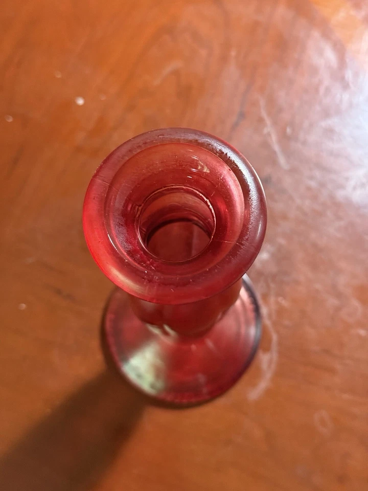 Vintage Iridescent Ruby Red Cranberry Glass Decanter Vase Candle Holder - Image 3 of 4