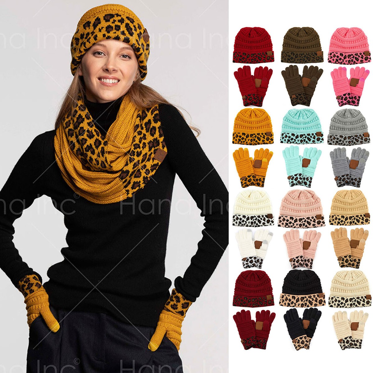 C.C 2pc Women's Winter Warm Soft Leopard Animal Knit Beanie