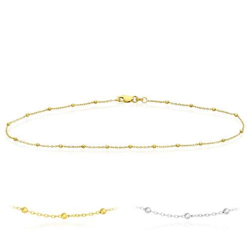 14K Real Gold Yellow or White Faceted Beaded Saturn Anklet 10" - Picture 2 of 14
