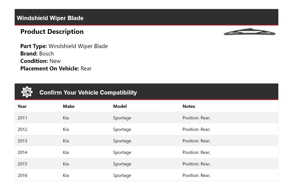 Limpiaparabrisas trasero para Kia Sportage Bosch 2011-2016 2012 2013 2014 2015 Foto 2 de 3