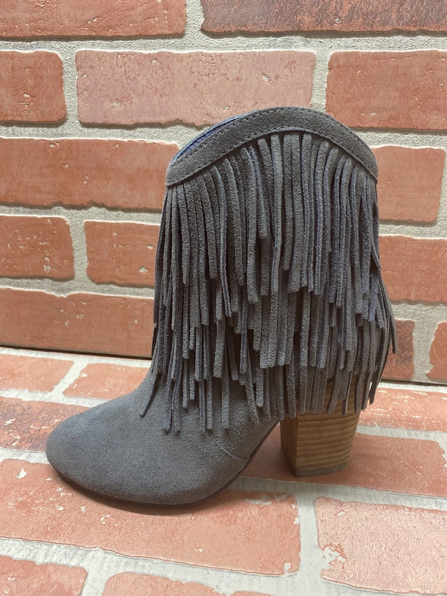 NWOB Hardy Design Works BLYTHE Gray Cow Suede Zip Fringe Booties
