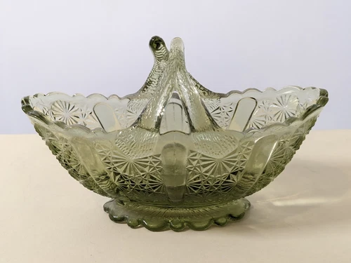 Fenton Glass Basket Daisy Button Oval Basket With Split Twig Handle Green