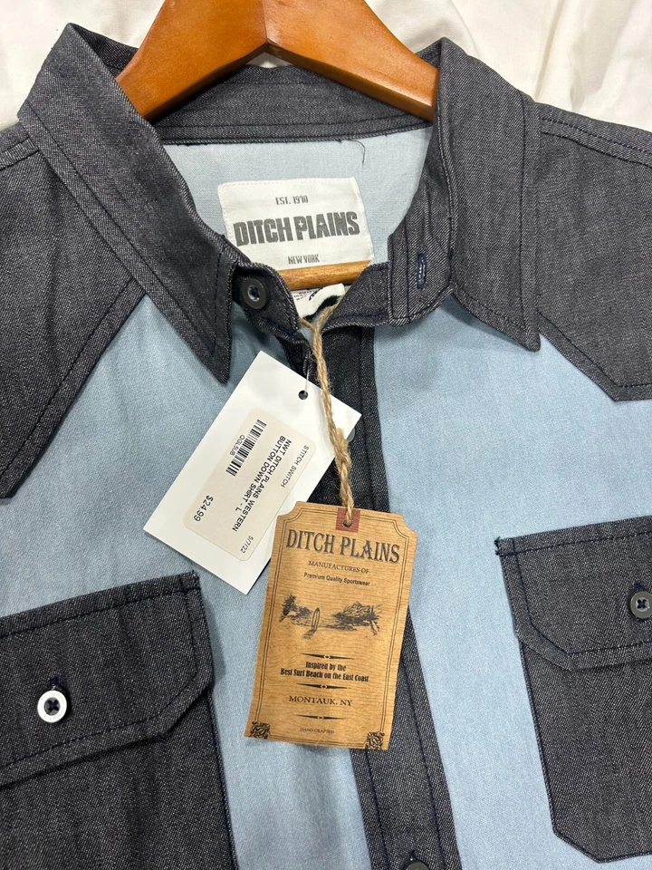 Ditch Plains 长袖纽扣 L 码灰色/蓝色西式衬衫 — 第 3/4 张图片