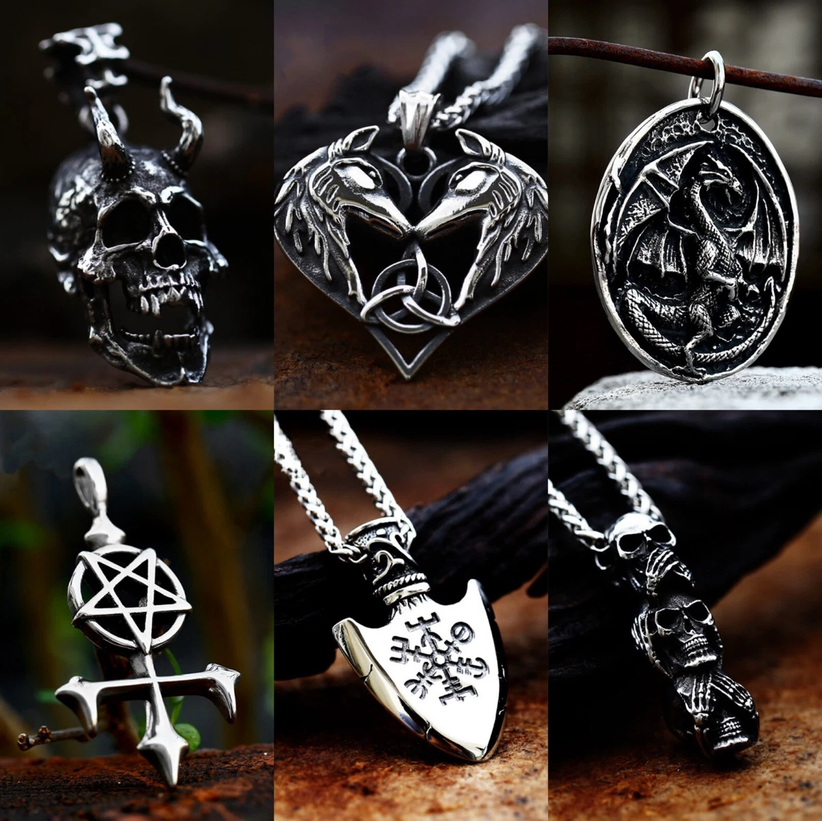 Mens Gothic Punk Silver Skull Cross Spear Pendant Necklace Stainless Steel