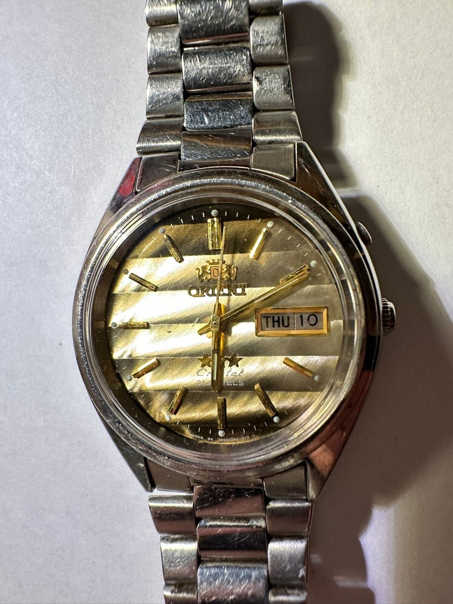 Vintage Orient 3 Stars Crystal 21 Jewels Gold Striped Dial
