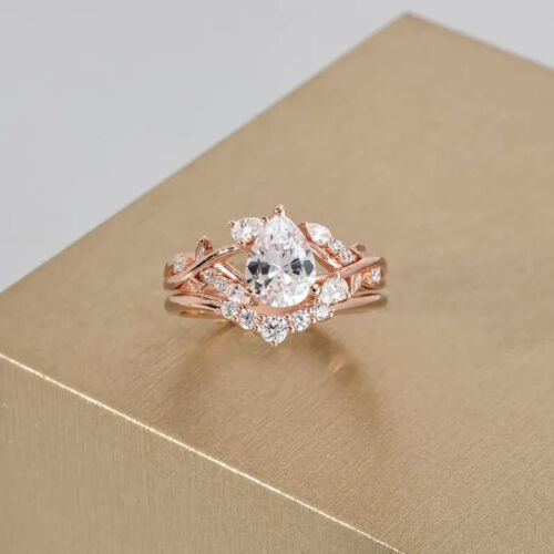 Vintage VVS Pear Cut Moissanite Rose Gold Plated Silver Wedding Ring Set For Her