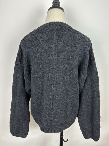 Vintage 90s GAP Cardigan Sweater M / L Faded Black Fairisle Textured Cotton Knit - Picture 8 of 13