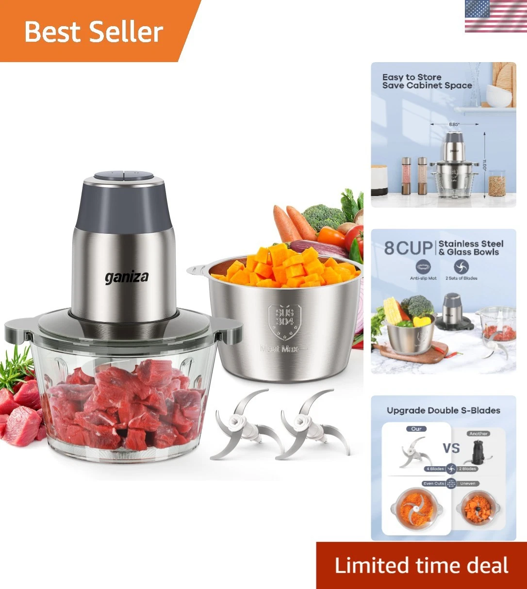 450W Electric Food Processor with Dual 8-Cup Bowls & Safety Lock in Grey