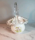 Vintage Fenton Silver Crest Milk Glass Basket Violets In Snow 6.5”H