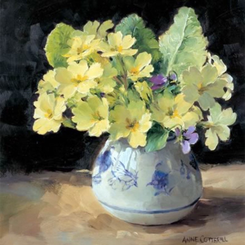 Anne Cotterill Art Blank Greeting/ Birthday Card - Primroses & Violets Flowers